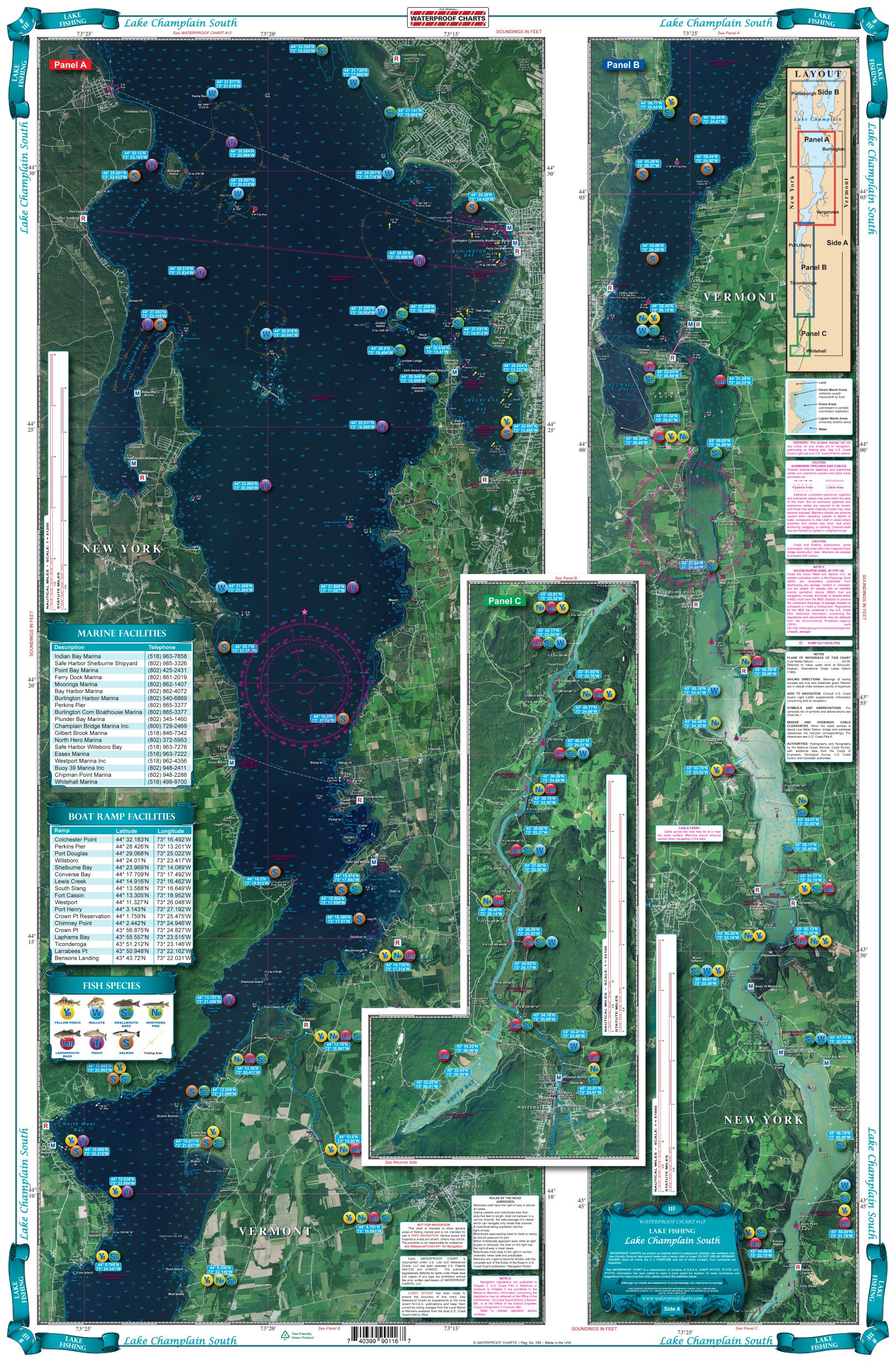 Waterproof Charts - Lake Champlain Fishing South